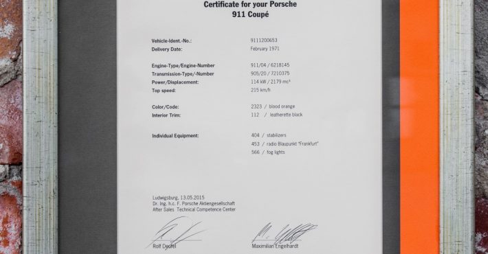 Certyfikat PORSCHE 911 E SPORTOMATIC www.car911.ue